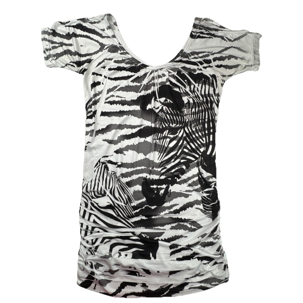BLVD Zebra Print Ruched Graphic Tunic Top Short Sleeve‎ Scoop Neck White Black